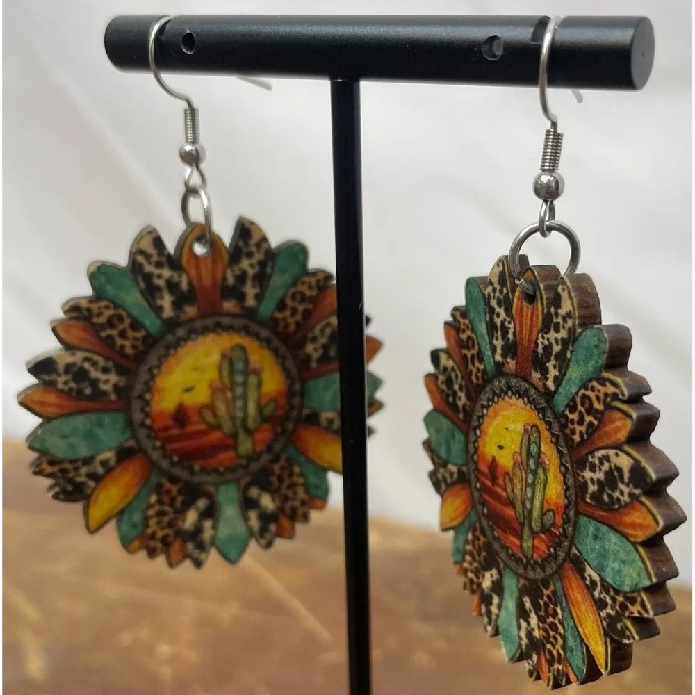Western Cactus Sunflower Wood‎ Dangle Earrings Leopard Print Boho Festival